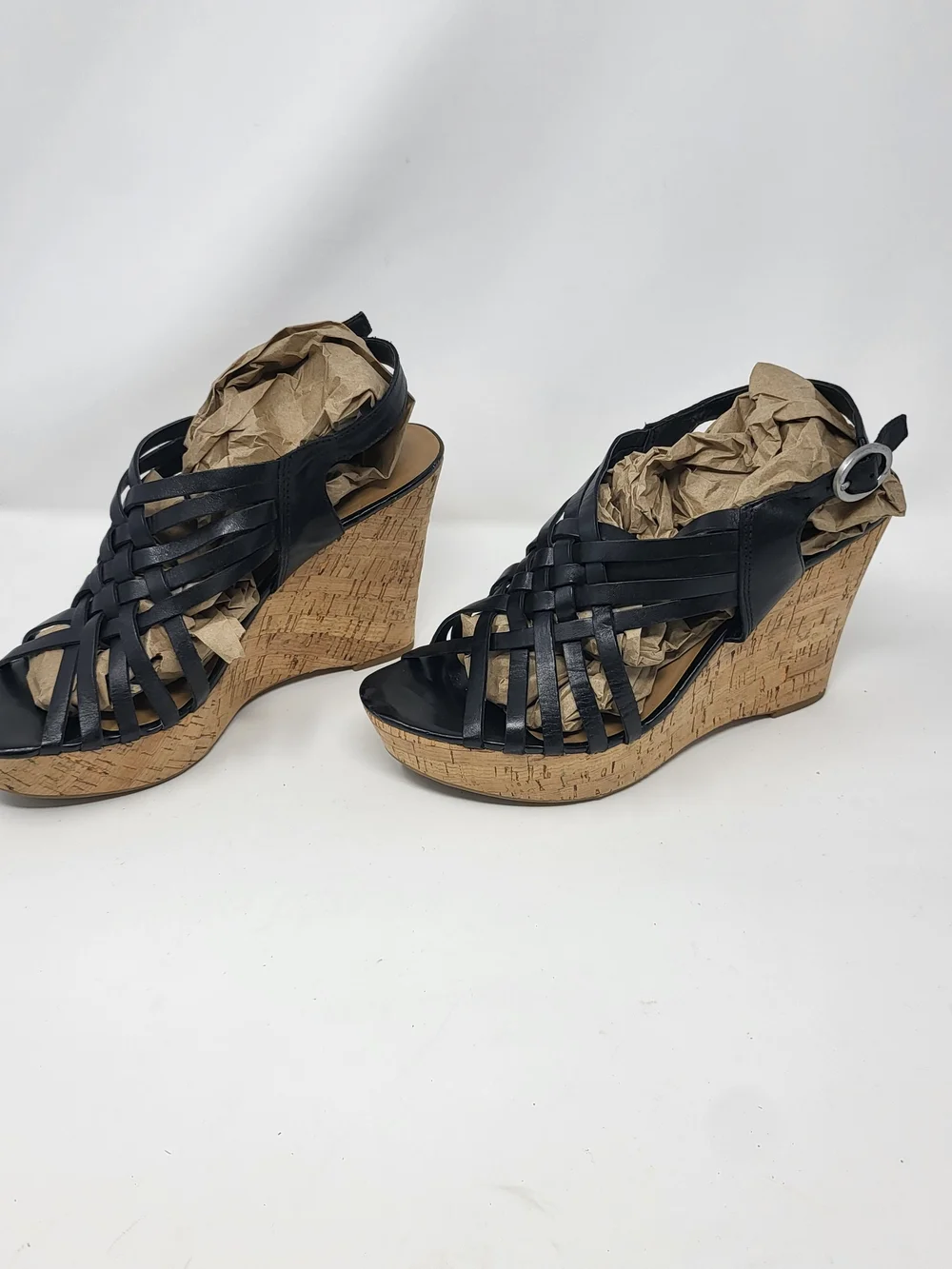 Franco Sarto Black Woven Cork Wedge Sandals